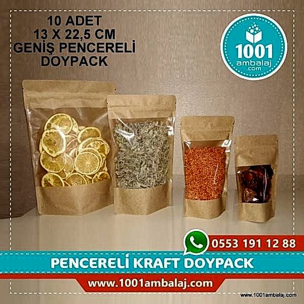 13X22,5 Cm Kraft Geniş Pencereli * 10 Adet * Kilitli Doypack Torba 250 Gr /45/