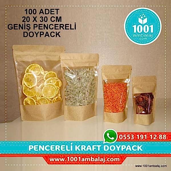 20X30 Cm Kraft Geniş Pencereli 100 Adet Kilitli Doypack Torba 1000 Gr /47/