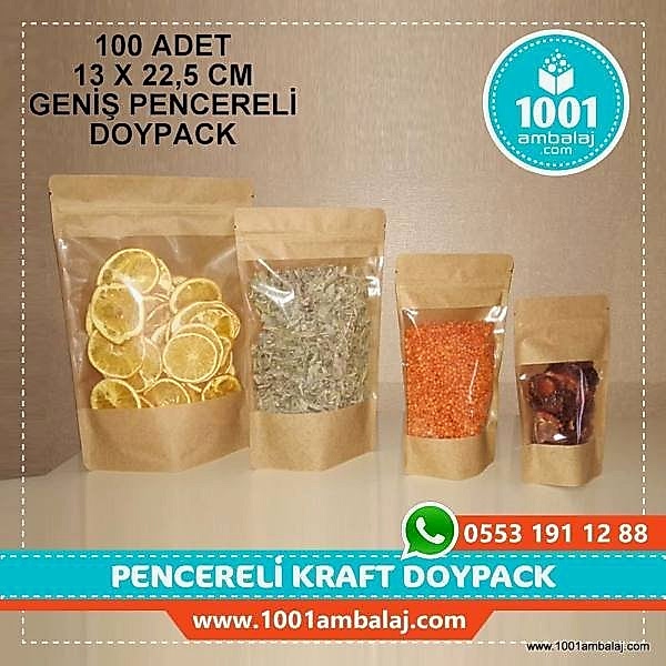 13X22,5 Cm Kraft Geniş Pencereli 100 Adet Kilitli Doypack Torba 250 Gr /45/