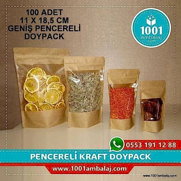 11X18,5 Cm Kraft Geniş Pencereli 100 Adet Kilitli Doypack Torba 100 Gr /44/