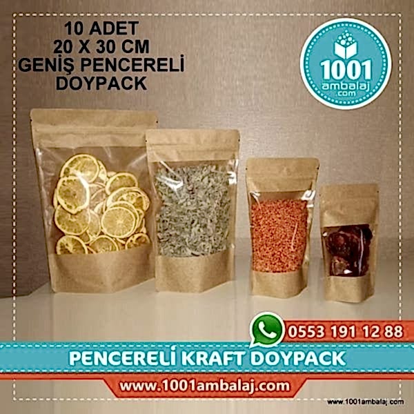 20X30 Cm Kraft Geniş Pencereli * 10 Adet * Kilitli Doypack Torba 1000 Gr /47/