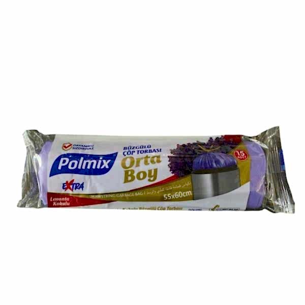 Çöp Torbası Polmix Büzgülü Orta Boy 55X60 Lavanta Kokulu 15 Li 1 Paket