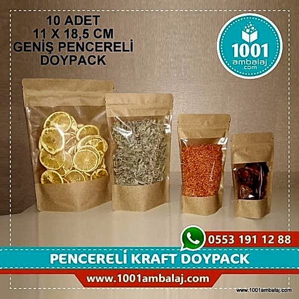 11X18,5 Cm Kraft Geniş Pencereli * 10 Adet * Kilitli Doypack Torba 100 Gr /44/