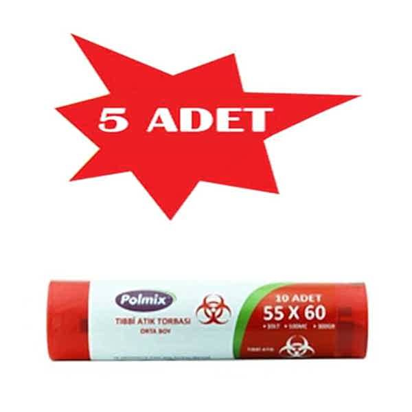 Çöp Torbası Polmix Tibbi Atik 55X60 Çift Kat Kırmızı 5 Paket