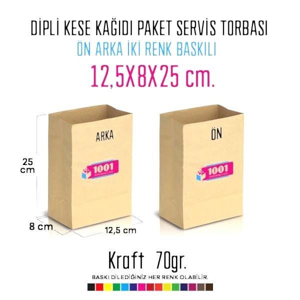 İki Taraf İki Renk Baskılı 12,5X8X25 Cm Kese Kağıdı Fast Food Menu Servis Paket Torbası Kraft Renk