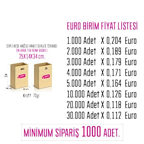 İki Taraf Tek Renk Baskılı 25X14X34 Cm Kese Kağıdı Fast Food Menu Servis Paket Torbası Kraft Renk