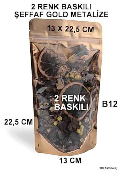 13X22,5 Cm 2 Baskılı Ön Şeffaf Arka Gold Metalize Renk Tek Taraf İki Renk Doypack Torba 250 Gr /50/