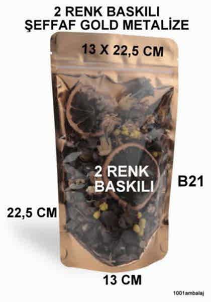13X22,5 Cm 2 Baskılı Ön Şeffaf Arka Gold Metalize Renk İki Taraf Tek Renk Doypack Torba 250 Gr /50/