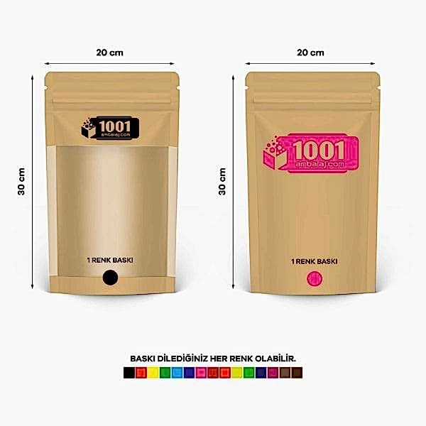 20X30 Cm 2 Baskılı Kraft Renkli Geniş Pencereli İki Taraf Tek Renk Doypack Torba 1000 Gr /47/