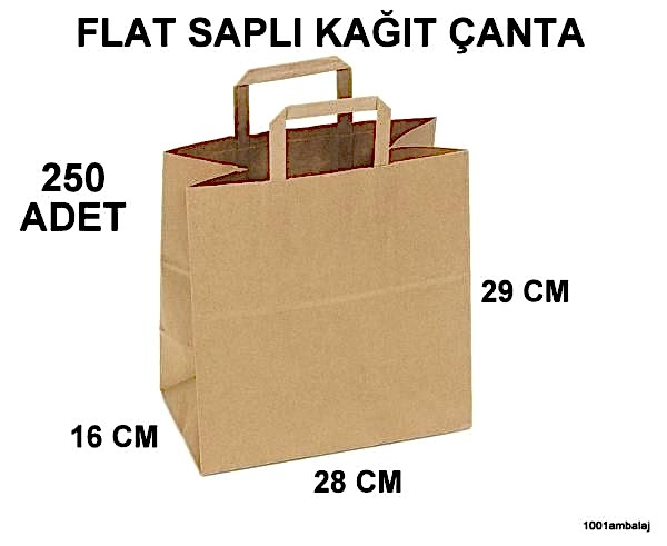 Kraft kağıt Çanta 28X16X29 Cm Dişi Kraft Renk Flat Sapli 80 Gram (1 Koli 250 Adet)