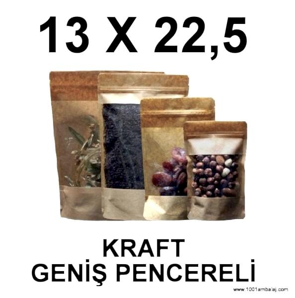 13X22,5 Cm Kraft Renk Doypack Torba Geniş Pencereli /45/