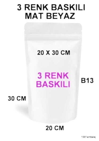 20X30 Cm 3 Baskılı Mat Beyaz Renk Tek Taraf Üç Renk Doypack Torba 1000 Gr /19/