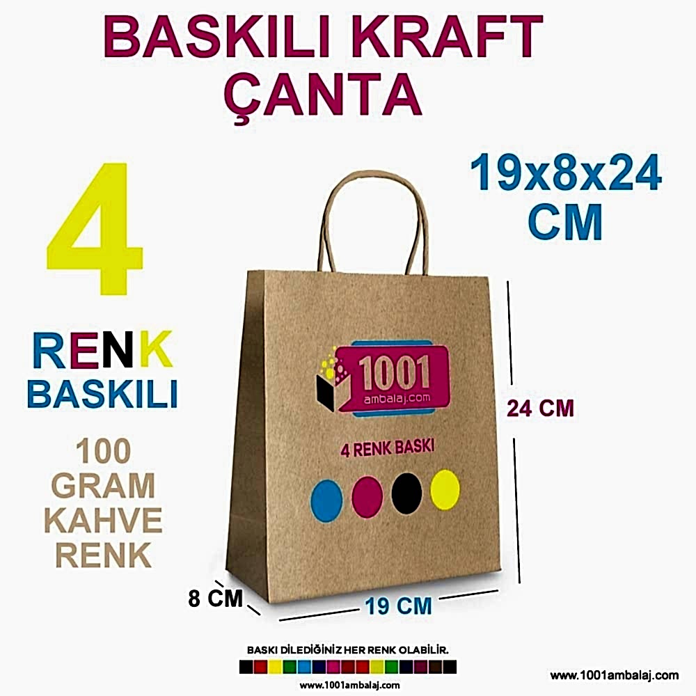 4 Renk Baskılı 19X8X24 Cm 100 Gr Kraft kağıt Çanta Kahve Renk