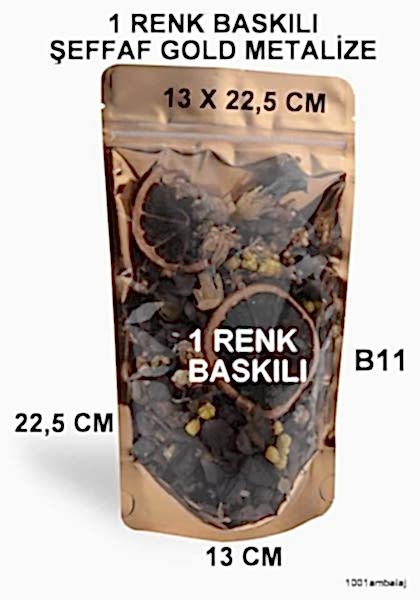 13X22,5 Cm 1 Baskılı Ön Şeffaf Arka Gold Metalize Renk Tek Taraf Tek Renk Doypack Torba 250 Gr /50/