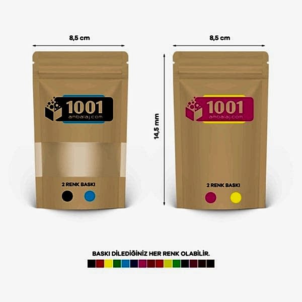 8,5X14,5 Cm 4 Baskılı Kraft Renkli Pencereli İki Taraf İki Renk Doypack Torba 50 Gr /37/
