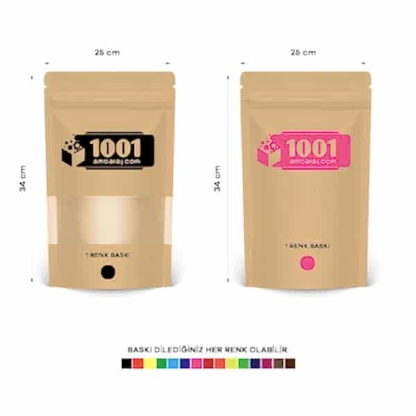 25X34 Cm 2 Baskılı Kraft Renkli Pencereli İki Taraf Tek Renk Doypack Torba 1500 Gr /43/