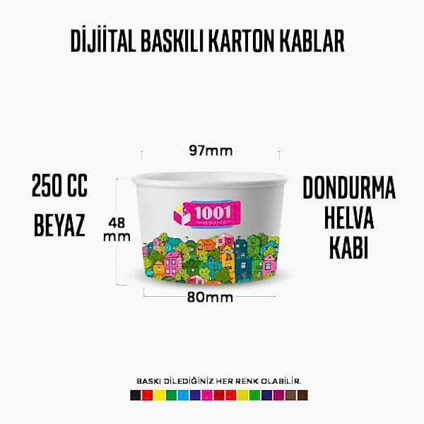 Dijital Baskılı 250 Cc Karton Dondurma kabı Beyaz