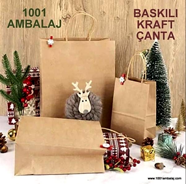2 Renk Baskılı 19X8X24 Cm 100 Gr Kraft kağıt Çanta Kahve Renk