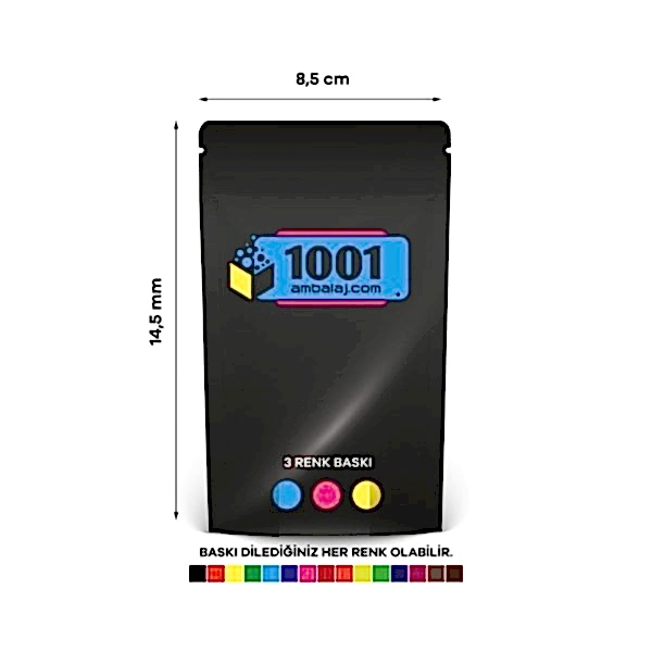 8,5X14,5 Cm 3 Baskılı Siyah Renkli Tek Taraf Üç Renk Doypack Torba 50 Gr /61/