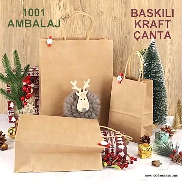 1 Renk Baskılı 19X8X24 Cm 100 Gr Kraft kağıt Çanta Kahve Renk