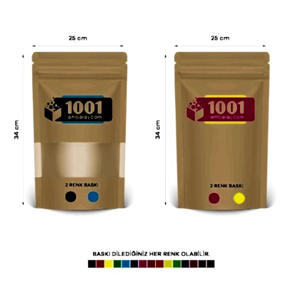 25X34 Cm 4 Baskılı Kraft Renkli Pencereli İki Taraf İki Renk Doypack Torba 1500 Gr /43/