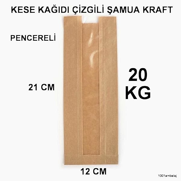 Kese Kağıdı Çizgili Baskısız Şamua Kraft Pencereli 12X21 1 Koli 20 Kilo