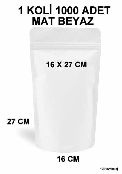 16X27 Cm Mat Beyaz Renkli (1 Koli 1000 Adet) Kilitli Doypack Torba 500 Gr /18/