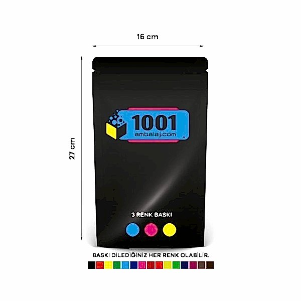 16X27 Cm 3 Baskılı Siyah Renkli Tek Taraf Üç Renk Doypack Torba 500 Gr /64/