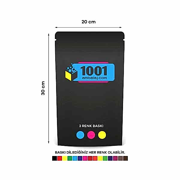 20X30 Cm 3 Baskılı Mat Siyah Renkli Tek Taraf Üç Renk Doypack Torba 1000 Gr /69/