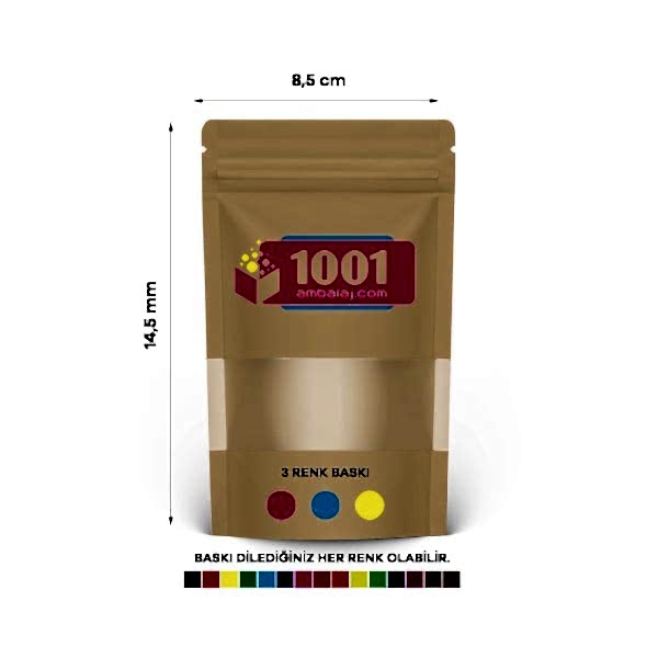 8,5X14,5 Cm 3 Baskılı Kraft Renkli Pencereli Tek Taraf Üç Renk Doypack Torba 50 Gr /37/