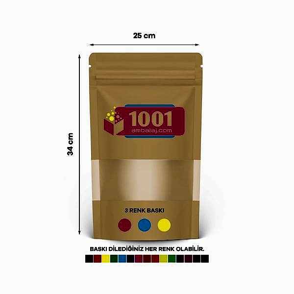 25X34 Cm 3 Baskılı Kraft Renkli Pencereli Tek Taraf Üç Renk Doypack Torba 1500 Gr /43/