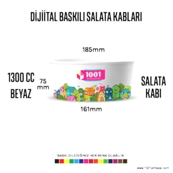 Dijital Baskılı 1300 Cc Karton Salata kabı Beyaz