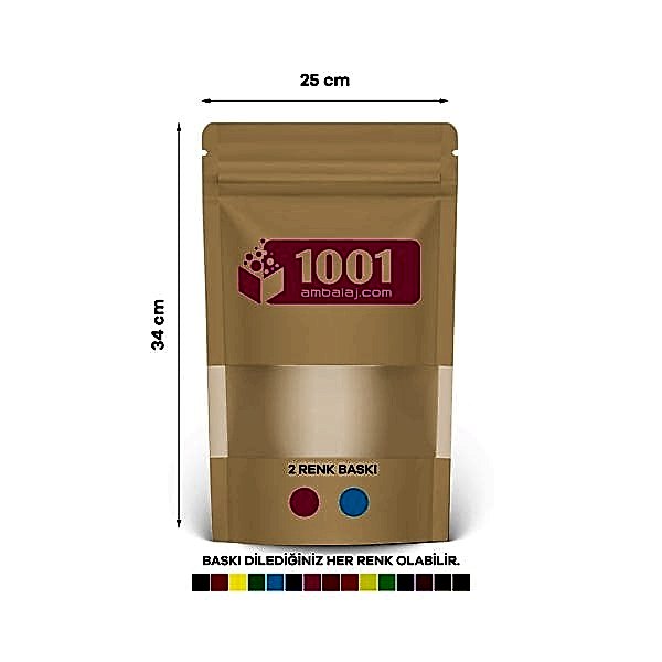 25X34 Cm 2 Baskılı Kraft Renkli Pencereli Tek Taraf İki Renk Doypack Torba 1500 Gr /43/