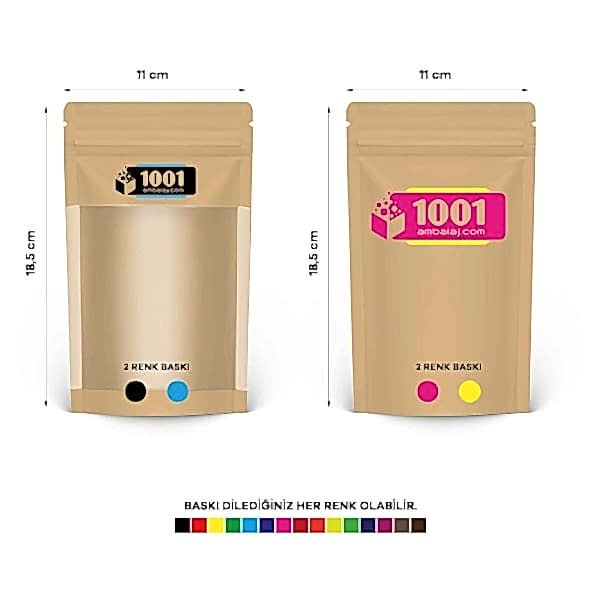 11X18,5 Cm 4 Baskılı Kraft Renkli Geniş Pencereli İki Taraf İki Renk Doypack Torba 100 Gr /44/