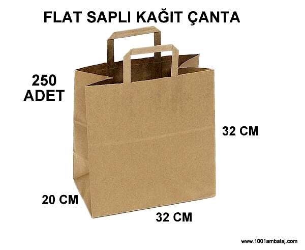Kraft Çanta 32X20X32 Cm Dişi Kraft İçi Kraft Sapi Kraft Flat 80 Gram (1 Koli 250 Adet)