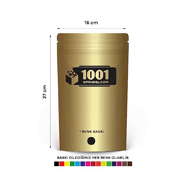 16X27 Cm 1 Baskılı Gold ( Altın ) Renkli Tek Taraf Tek Renk Doypack Torba 500 Gr /23/