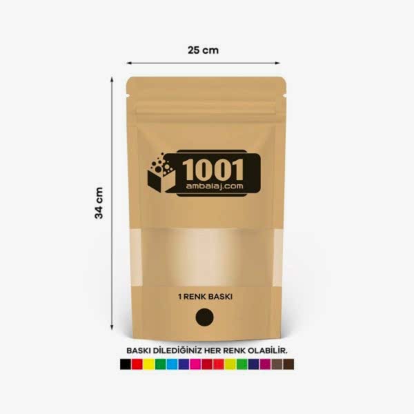 25X34 Cm 1 Baskılı Kraft Renkli Pencereli Tek Taraf Tek Renk Doypack Torba 1500 Gr /43/