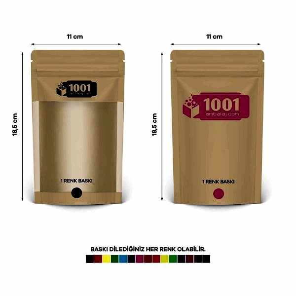 11X18,5 Cm 2 Baskılı Kraft Renkli Geniş Pencereli İki Taraf Tek Renk Doypack Torba 100 Gr /44/