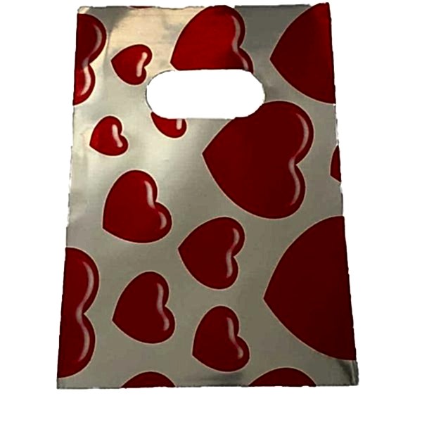 Hediyelik Mini Poşet 10X15 Cm Metalik Kalp Desenli 50 Adet