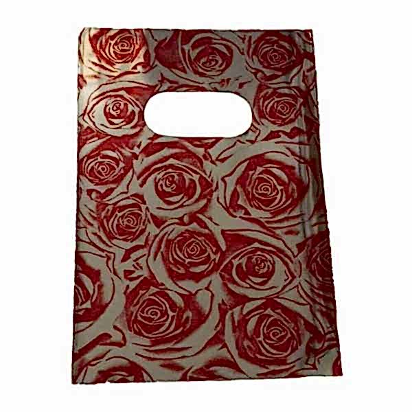 Hediyelik Mini Poşet 10X15 Cm Metalik Gül Desenlii 50 Adet