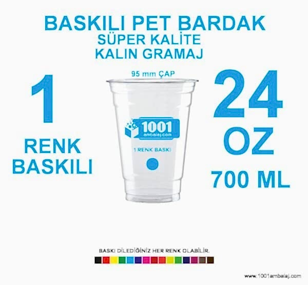 1 Renk Baskılı Pet Bardak 700 Ml 95 Çap Pet Bardak 24 Oz Ağır Gramaj