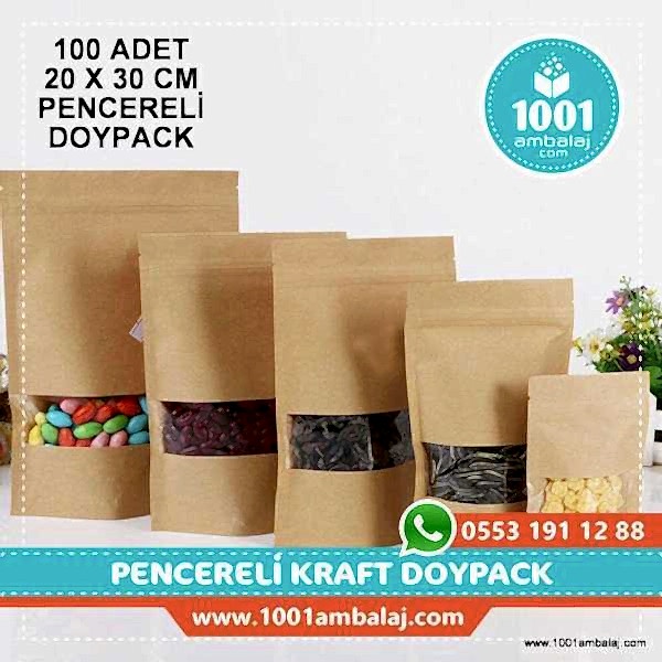 20X30 Cm Kraft Pencereli 100 Adet Kilitli Doypack Torba 1000 Gr /42/