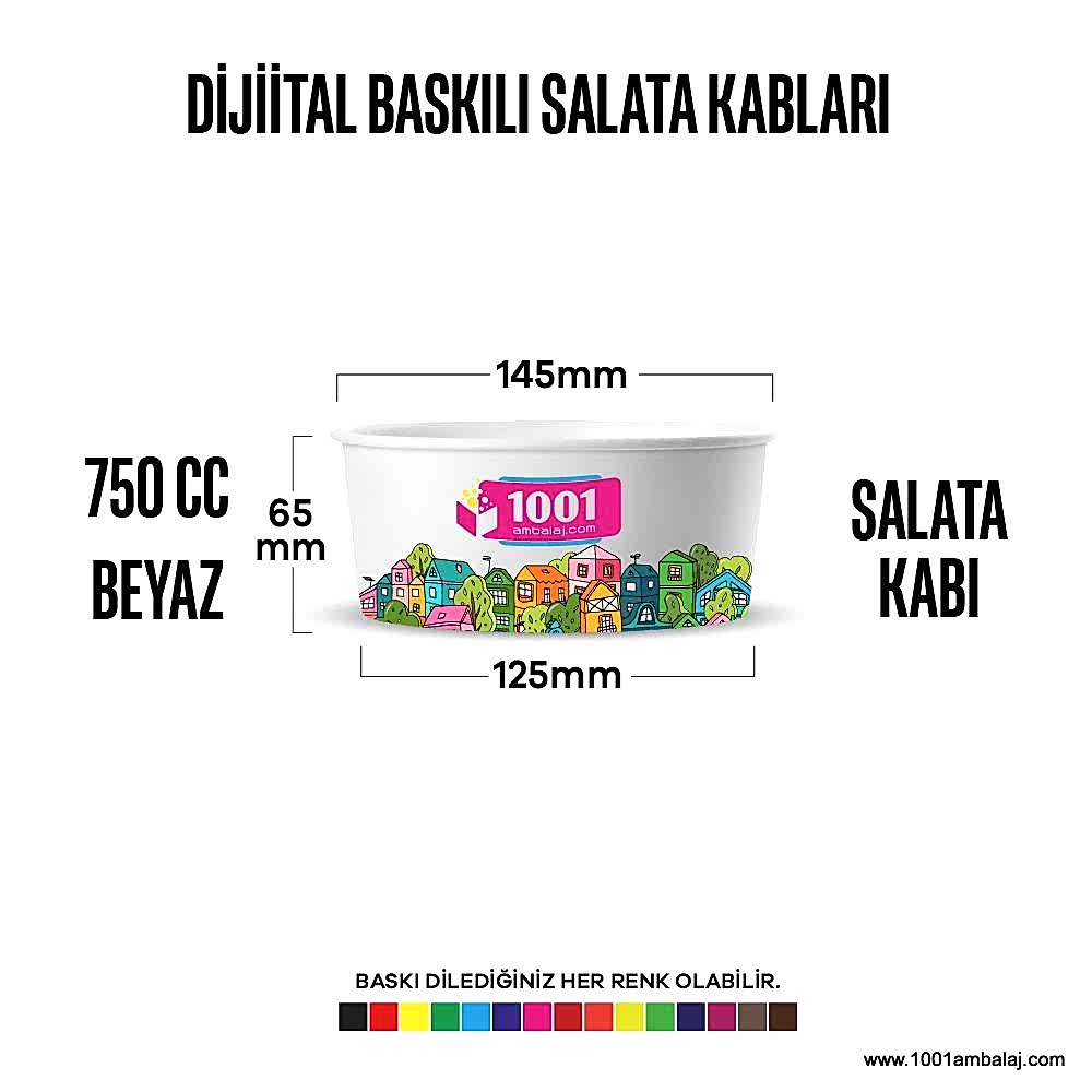 Dijital Baskılı 750 Cc Karton Salata kabı Beyaz