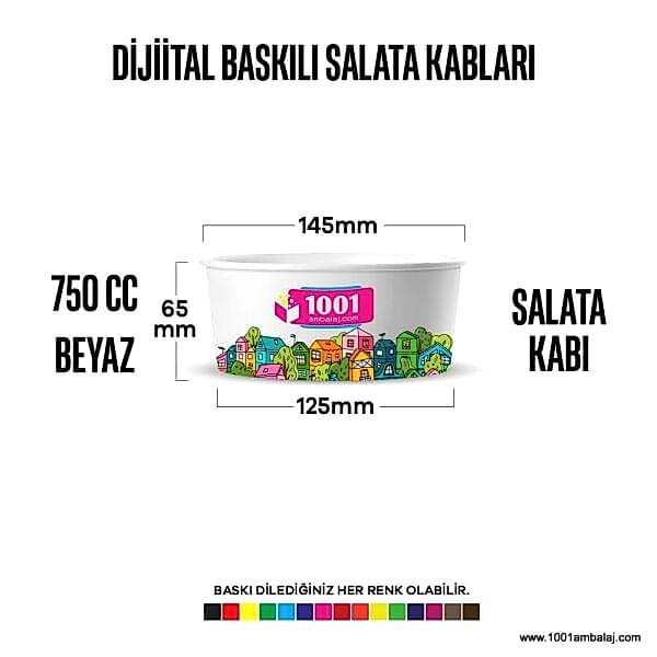 Dijital Baskılı 750 Cc Karton Salata kabı Beyaz