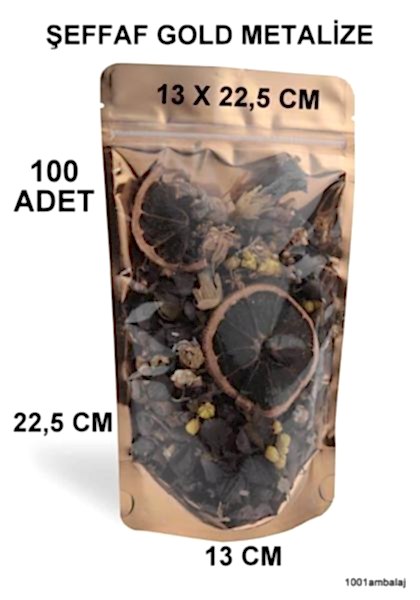 13X22,5 Cm Ön Şeffaf Arka Gold Metalize Renk (100 Adet) Kilitli Doypack Torba 250 Gr /50/