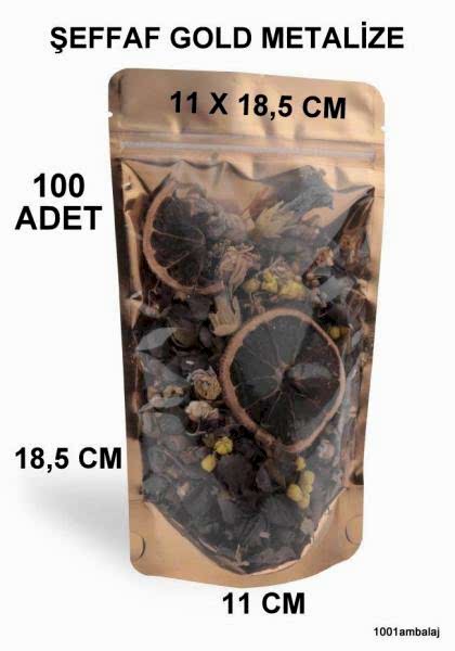 11X18,5 Cm Ön Şeffaf Arka Gold Metalize Renk (100 Adet) Kilitli Doypack Torba 100 Gr /49/