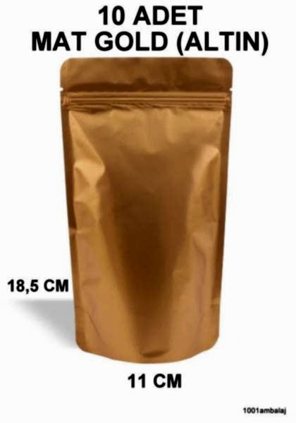 11X18,5 Cm Mat Gold (Altın Renkli) ** 10 Adet ** Kilitli Doypack Torba 100 Gr /25/