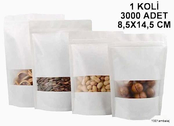 8,5X14,5 Cm Beyaz Renk Pencereli (1 Koli 3000 Adet) Kilitli Doypack Torba 50 Gr /08/