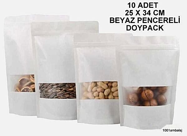 25X34 Cm Beyaz Renk Pencereli ** 10 Adet ** Kilitli Doypack Torba 1500 Gr /14/