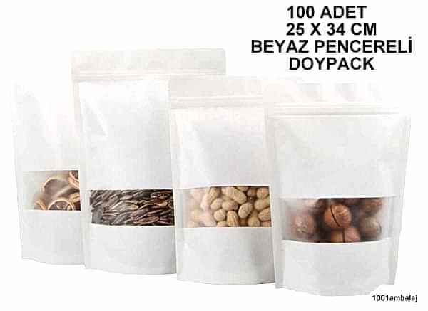 25X34 Cm Beyaz Renk Pencereli (100 Adet) Kilitli Doypack Torba 1500 Gr /14/